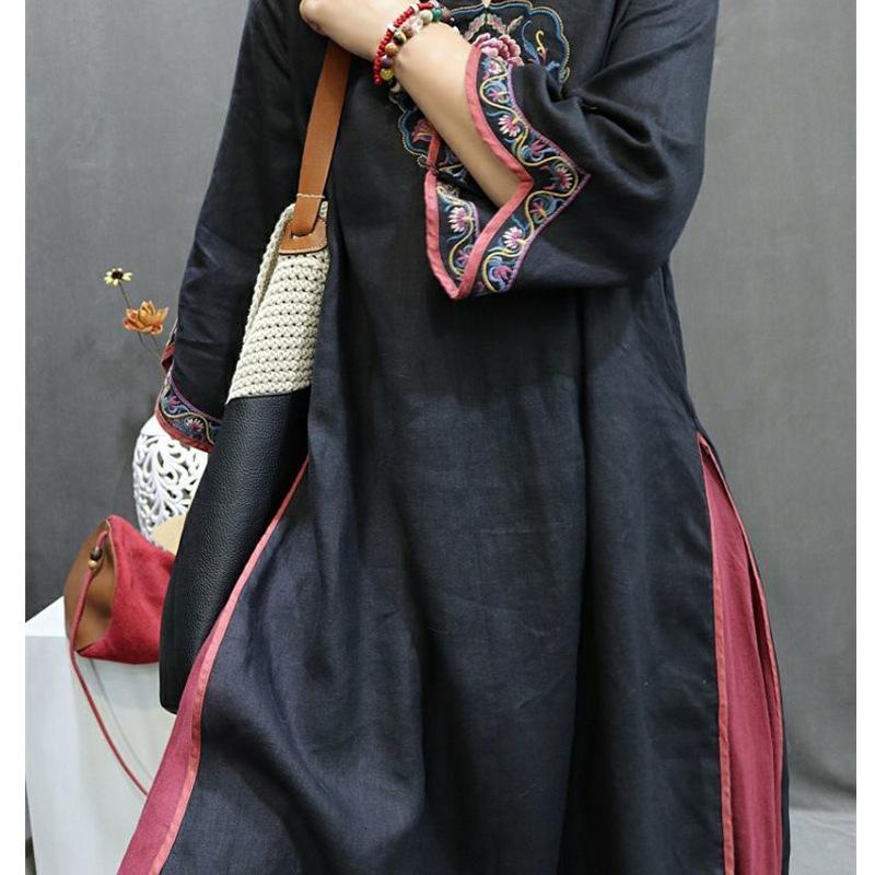 Frühlings- und Herbst Damen Chinesisch Retro Bestickt Knopfleiste Kragen Hemd Rock Kleid