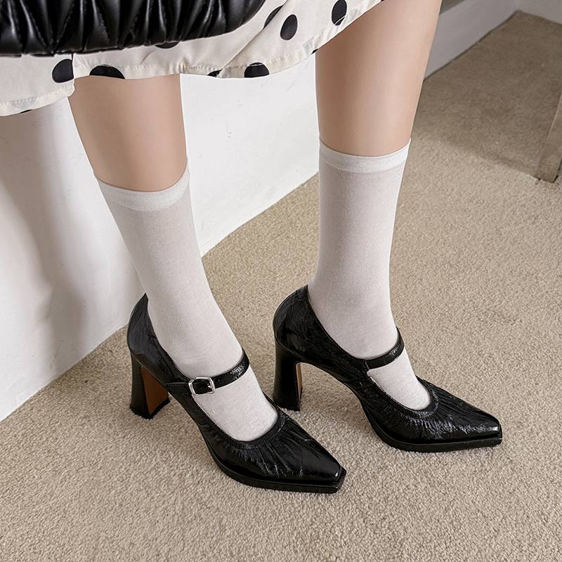 Krazing Pot Suede Sheepskin Square Toe High Heels Summer Solid Color Shoes Big Size 41 Buckle Women Modern Pumps