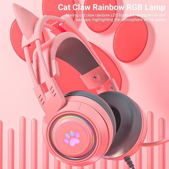 SY-G25 Wired Headphone RGB Lighting Omni-directional Mic Over-Ear Computer Headphone with Cute Cat Ear for E-sport