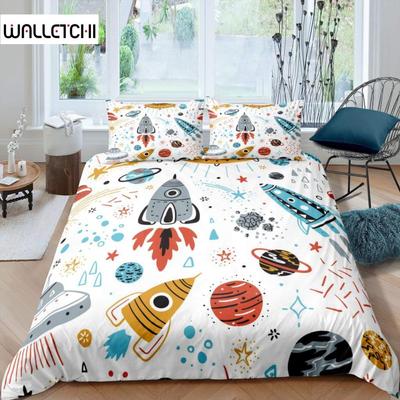 Rocket Duvet Cover Set King Size Spaceship Bedding Set Twin Microfiber Outer Space Galaxy Stars Planet Cartoon Style Quilt Cover