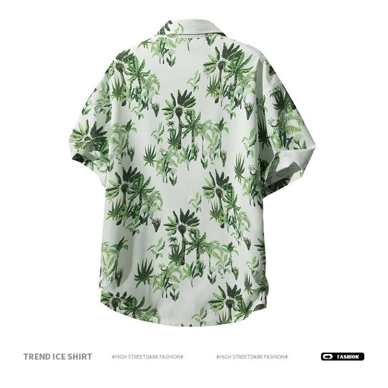 Men's Oversized Palm Tree Print Short Sleeve Shirt - Green Hawaiian Casual Button Down Top
