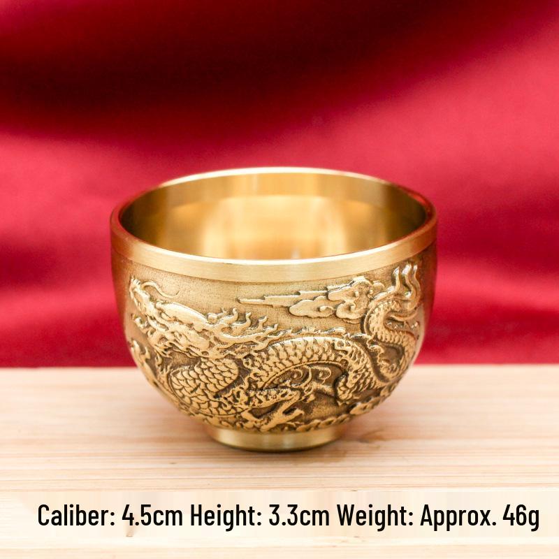 Brass Dragon & Phoenix Cup: Embossed Tea Mug with Hundred Blessings Design - Office Treasure Gathering Basin Ornament