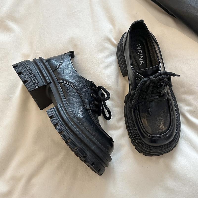 

Platform loafers women s spring 2025 new British style lace-up small leather shoes black muffin single shoes one pedal 35 чёрный