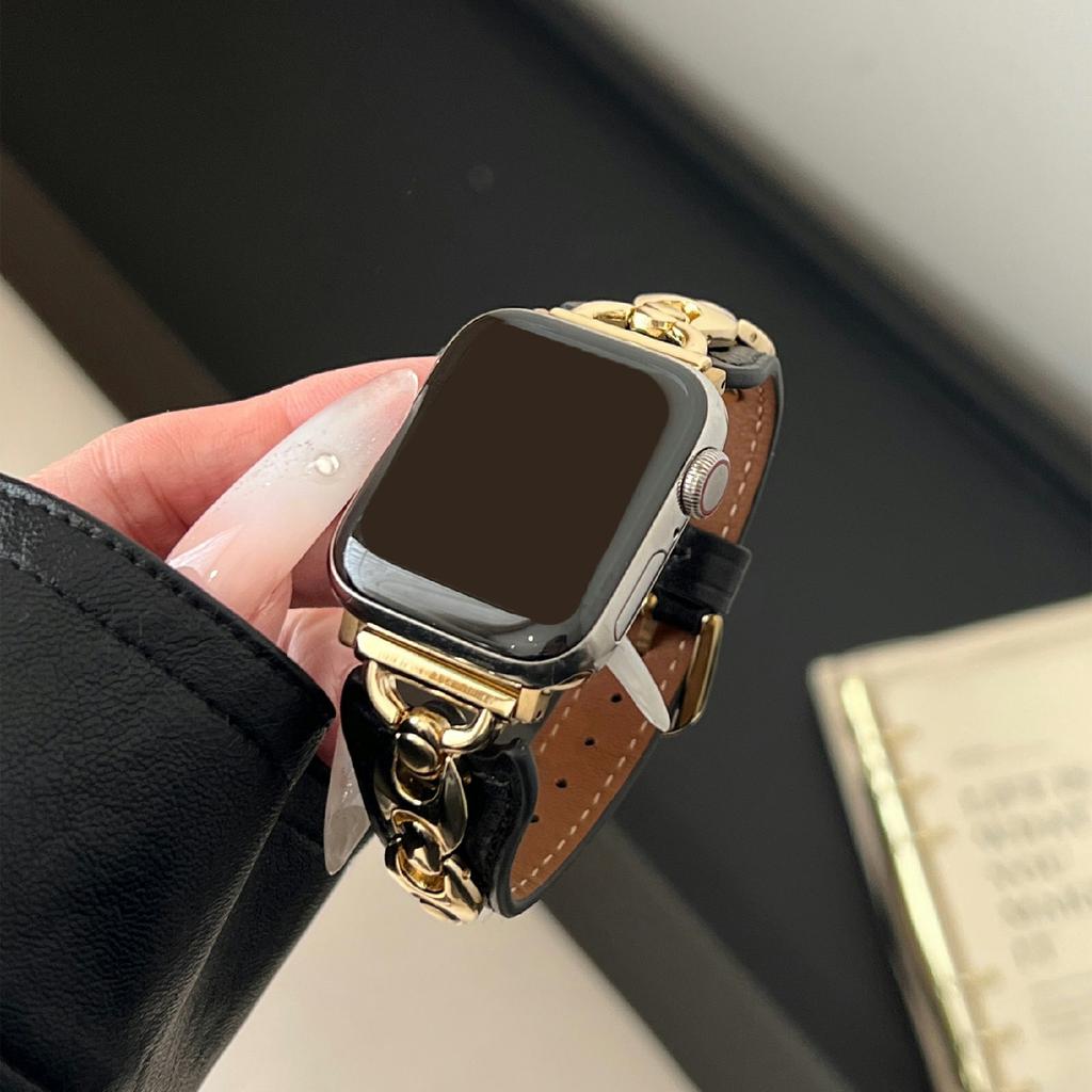 Watch Strap For Apple Watch Series 10 Ultra 9 8 7 SE 6 5 4 3 2 1 46mm 49mm 45mm 44mm 42mm D-Shaped Metal Ring Leather Band