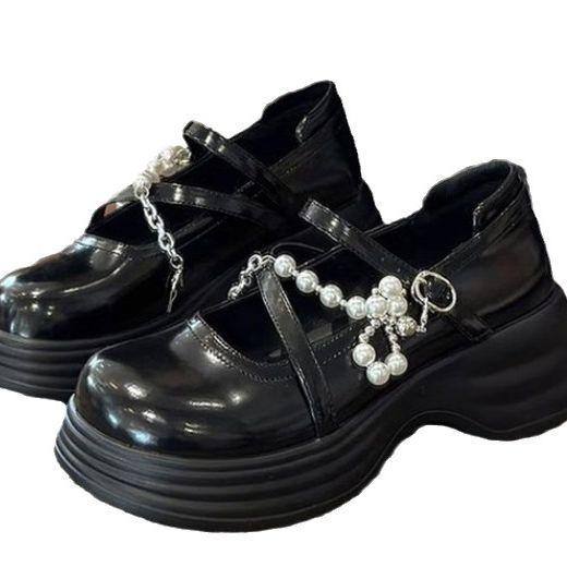 Thick Soled Mary Jane Shoes for Women 2024 New Sweet Buckle Loafers Pearl Chain Round Toe Platform Dress Lolita Shoes Pumps