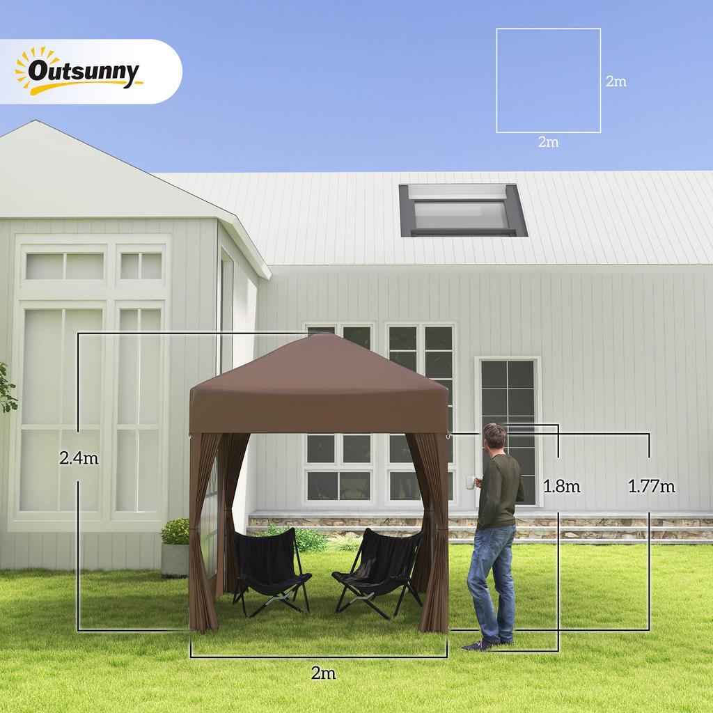 2x2m Pop-Up Gazebo, with Curtain Walls and Windows, Coffee