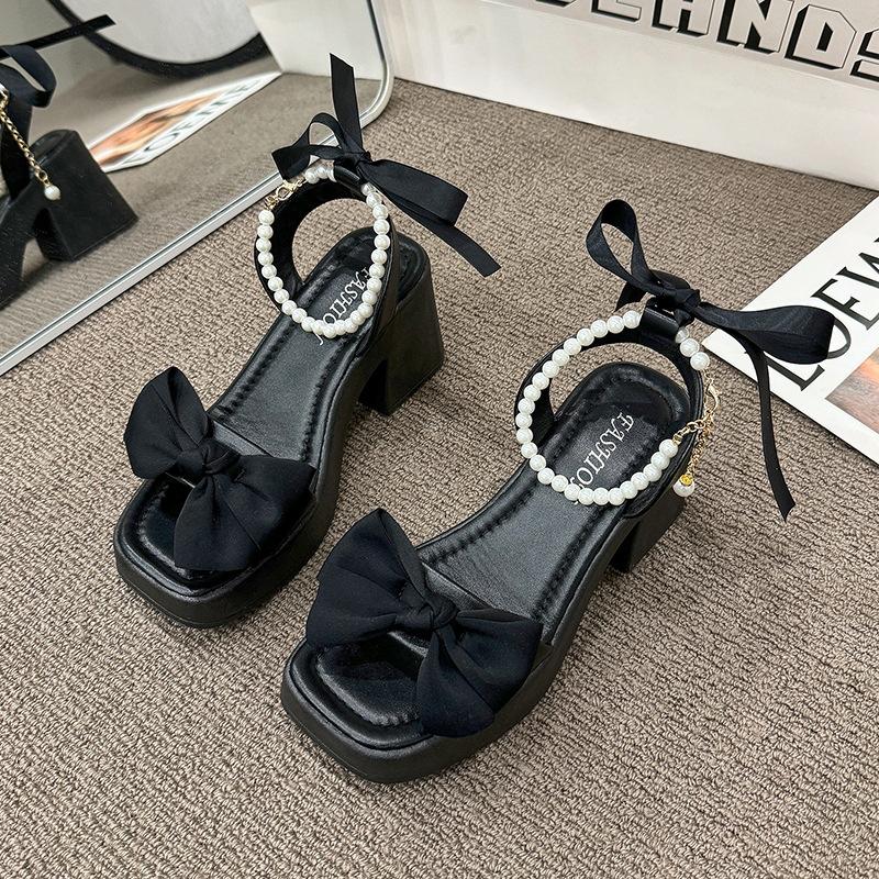 SyfIyno Summer New Collection Coarse Heel Open Toed Women's Pumps Pearl Strap Sandals with Skirts and High Heels