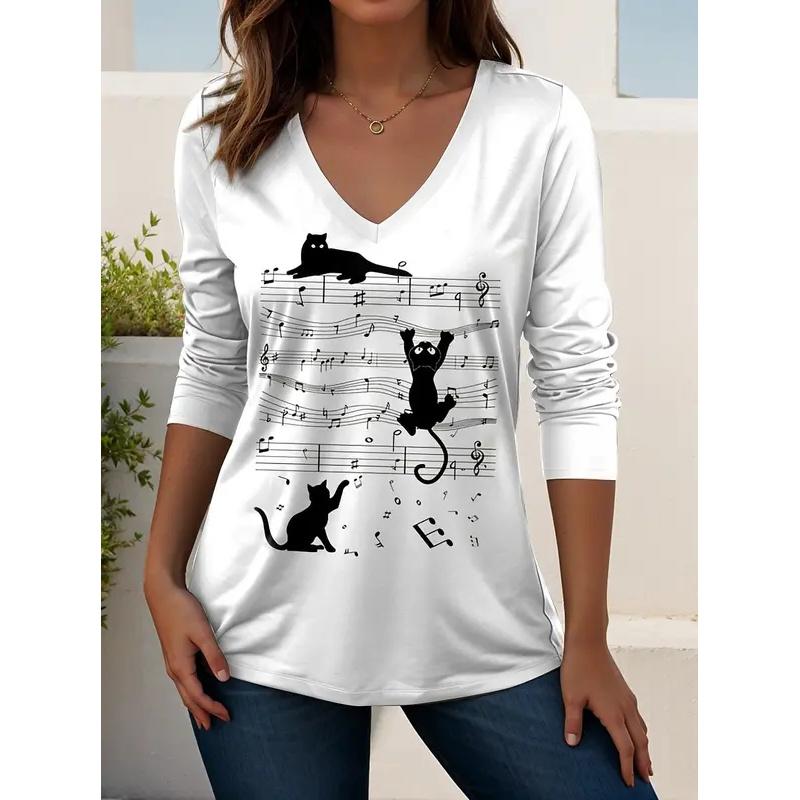 

2025 Женские футболки Графические футболки для музыкального фестиваля Элегантные модные футболки Футболки с длинным рукавом Футболки с V-образным вырезом Обычные топы Повседневный пуловер Осень XL