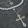 3 stycken/set av Kvinnors Flerlagers Imitationspärla Stjärna Kors Halsband, Kvinnors Retro Punk Stil Semestertillbehör Smycken