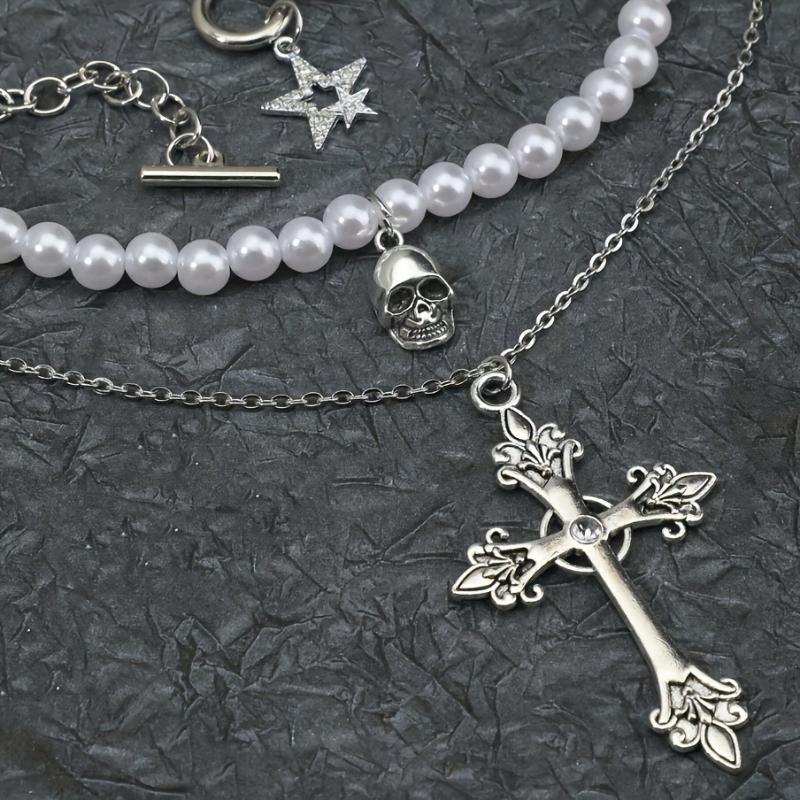 3 stycken/set av Kvinnors Flerlagers Imitationspärla Stjärna Kors Halsband, Kvinnors Retro Punk Stil Semestertillbehör Smycken