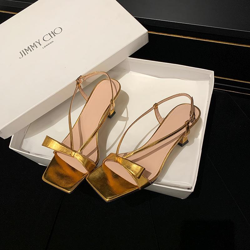 

Inside and outside full leather simple gentle wind high heel sandals 25 summer Internet celebrity bow French square head open toe sandals women 39 золотой