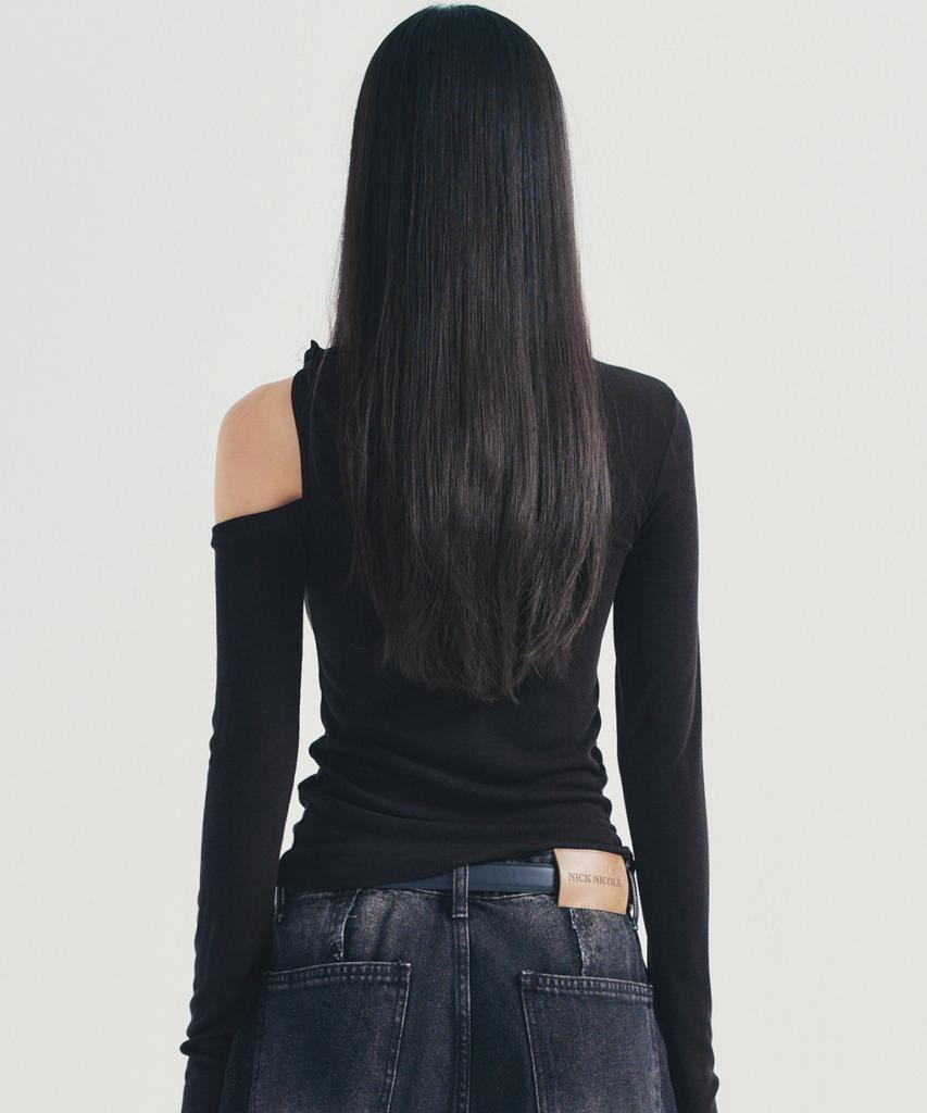 Nigaennikol Twist Cut Out Ribbed Sleeve Top_Black