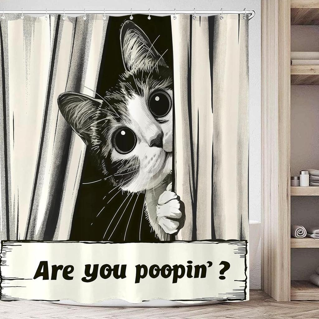 Funny Cat Shower Curtain Set Great Wave Art Style Relaxing Feline Waterproof Bathroom Shower Curtain Japanese Scene Home