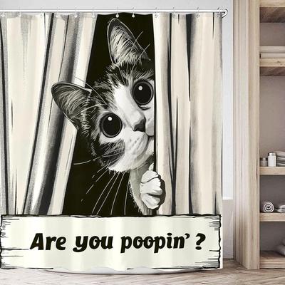 Funny Cat Shower Curtain, Are You Poopin' Curious Kitty Whimsical Joke Humor Themed, Shower Curtain Set with 12 Hooks for