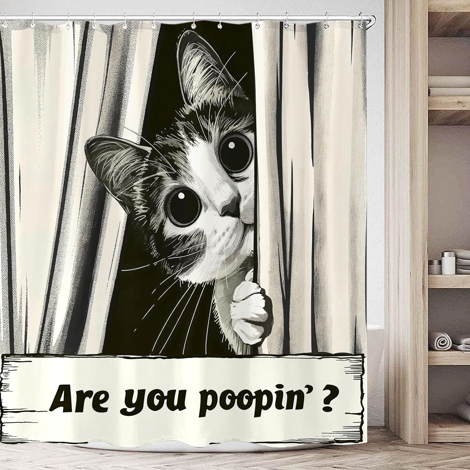 Funny Cat Shower Curtain, are You Poopin  Curious Kitty Whimsical Joke Humor Themed, Shower Curtain Set with 12 Hooks for 90x180cm