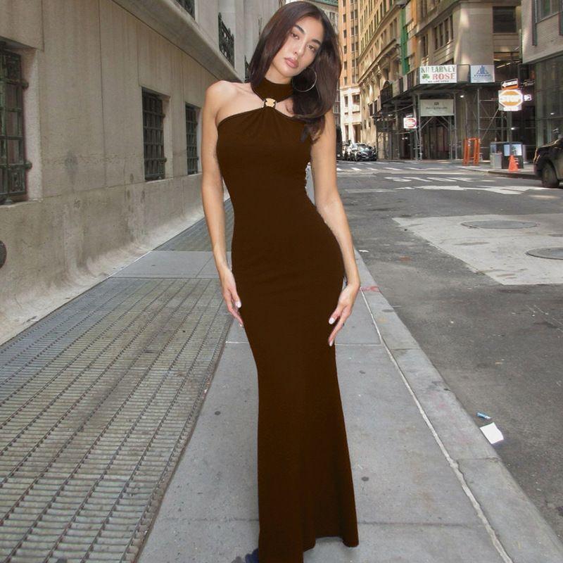 

Independent Station Cross-Border Hot Sale Long dress Solid Sleeveless off-Shoulder Split Fashion Temperament Sexy Formal Dress Slim dress Brown L