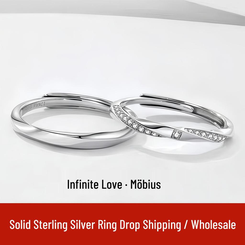 Sterling Silver Mobius Strip Couple's Rings: Luxurious Niche Design with Inlaid Diamonds, Adjustable Pure Silver.
