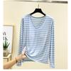 Plus Size Modal Chest Pad T-shirt Spring and Autumn Versatile Stripe Bottoming Shirt V-neck Thin Bra-Free Home Wear Top