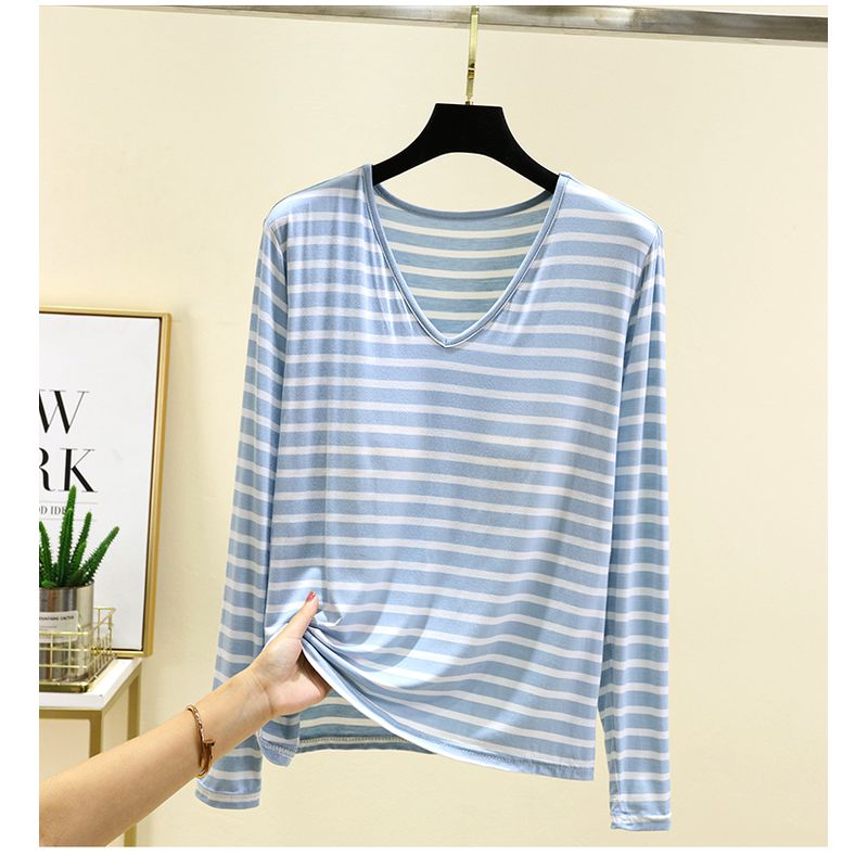 Plus size Modal Chest Pad T-shirt Spring and Autumn Versatile Stripe Bottoming Shirt V-neck Thin Bra-Free Home Wear Top