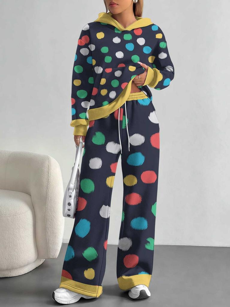 Square Splicing European, American Autumn and Winter Casual Long-sleeved Suit Women's Hooded Sweater Trousers Two-piece Set