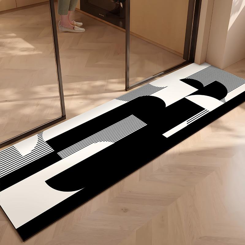 PVC Kitchen Floor Mat Waterproof Leather Foot Mats Non-slip Oil Proof Carpet Long Rug Black Flower Stripe Home Decoration Rugs