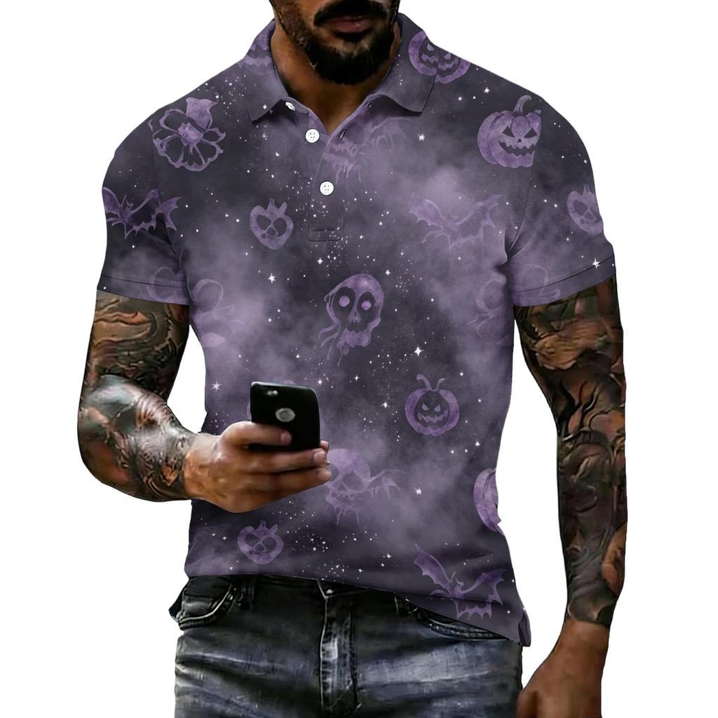 Men's Halloween Print Short Sleeve Polo Shirt Loose Fit Casual Summer Daily Wear Button Down Collar Top