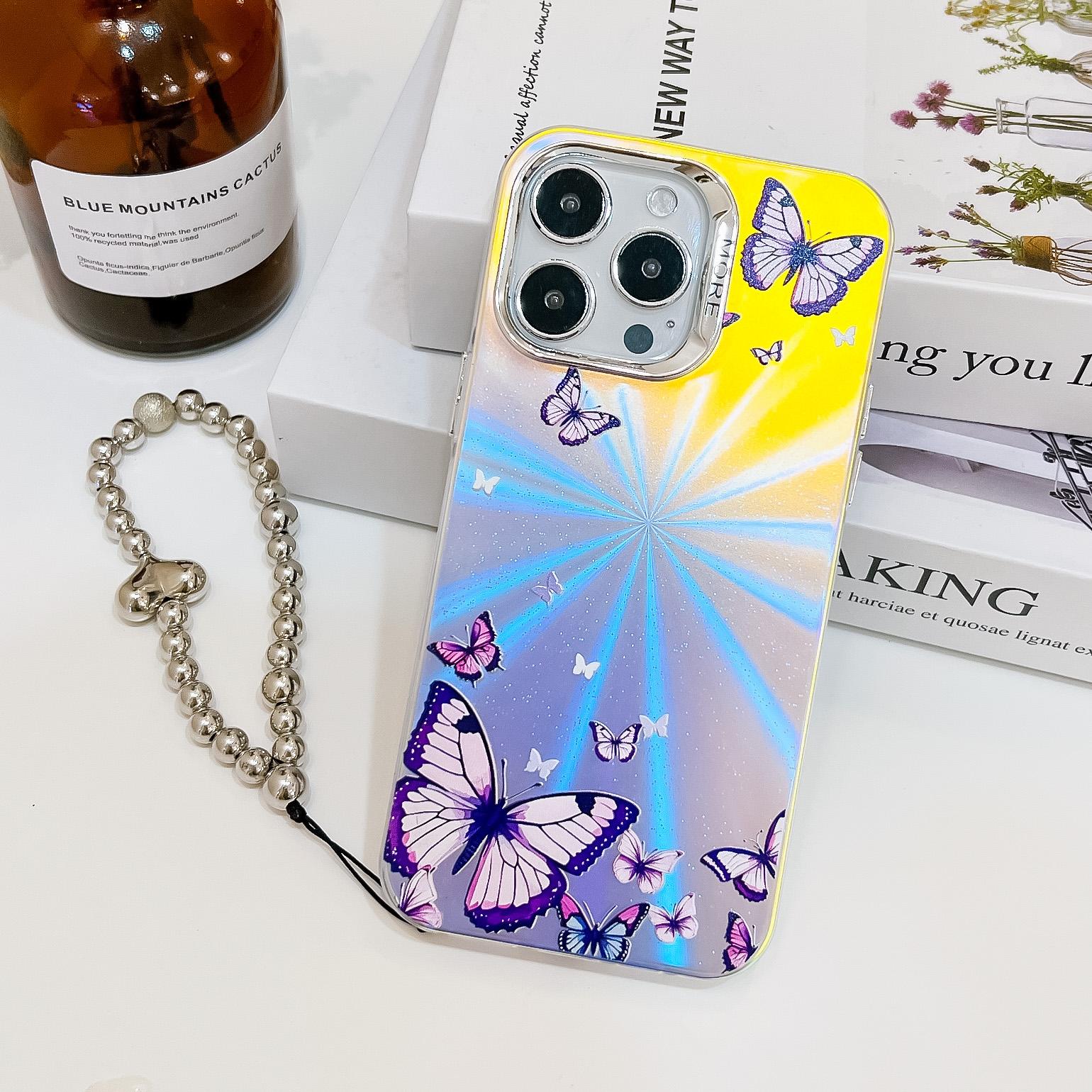 

For iPhone 15 Pro Max Electroplating Phone Case Laser Butterfly Pattern PC+TPU Cover with Bead Strap AB3