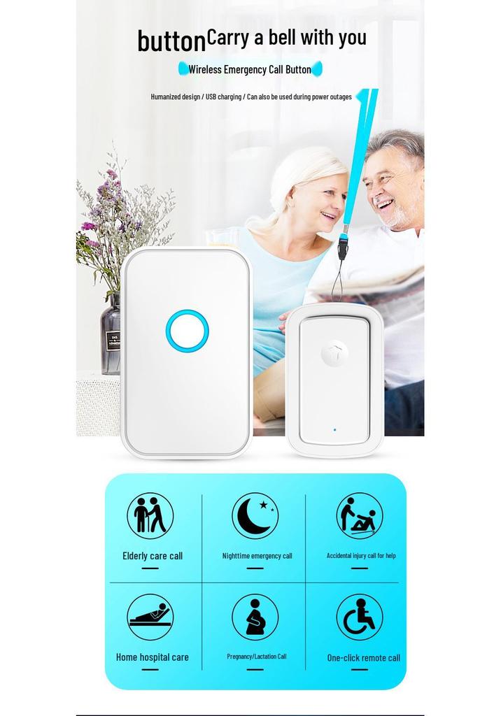 Waterproof Wireless Doorbell with Loud Ring, Rechargeable Call Button for Elderly, Emergency Alert Device, Home Use.