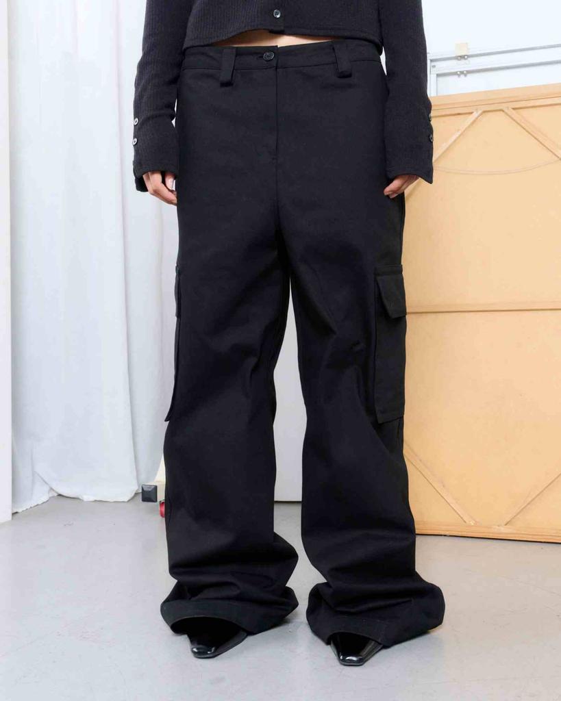 Nobayang Cotton Cargo Wide Pants (Black)