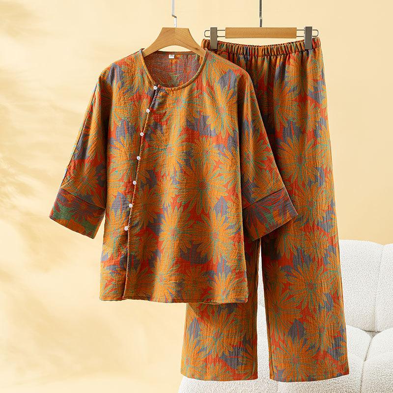 Seasonal new pajamas can be worn outside pure cotton women's autumn thin loose suits can be worn outside national style loungewear