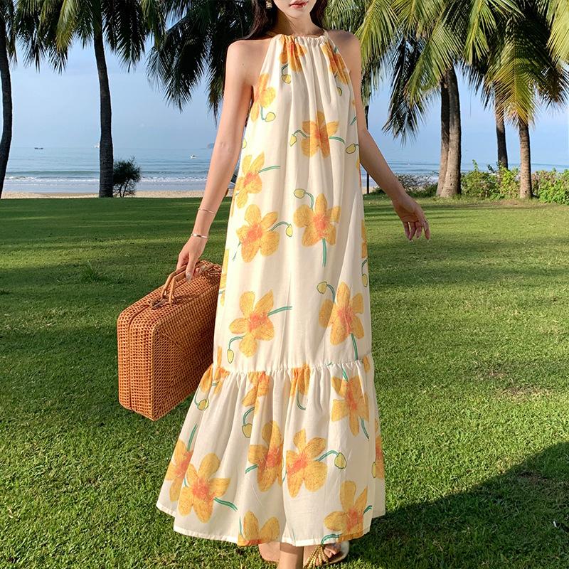 Dopamine Vacation Print Dress Loose Sleeveless Straps Summer Suspender Neck Dress