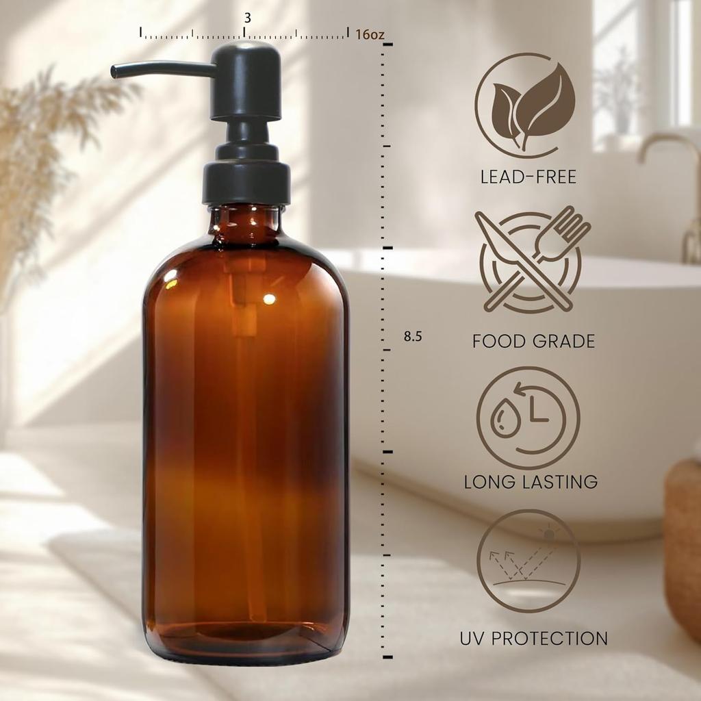 Amber Glass Soap Dispenser, 2 Pack Hand Soap Dispenser with Stainless Steel Pump for Bathroom and Kitchen, 16 oz, Premium Glass Pump Bottles
