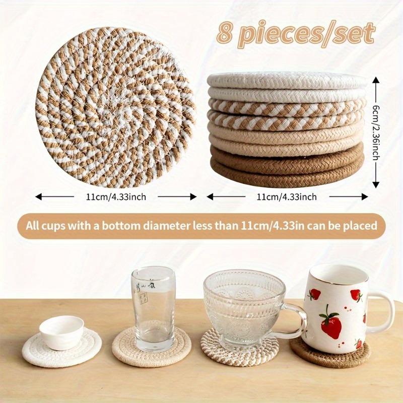 8Pcs Drink Coasters with Holder Absorbent Coasters for Drinks Woven Coaster Set Home Decoration