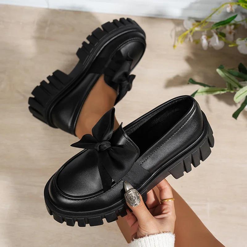 Fashion College Style Black Japan School Uniform Shoes Women Big Bowtie Chunky Platform Pumps Woman Thick Bottom Patent Leather Loafers