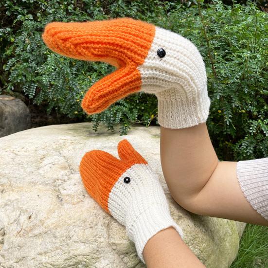 1 Pair Funny Knitted Gloves Goose Design Thickened Plush Lining Warm Gloves Non-Slip Performance Props