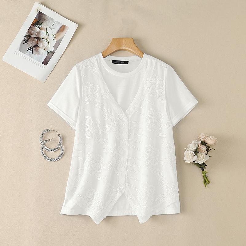 ZANZEA Women Casual Round Neck Summer Loose Short Sleeve Patchwork T-Shirts M