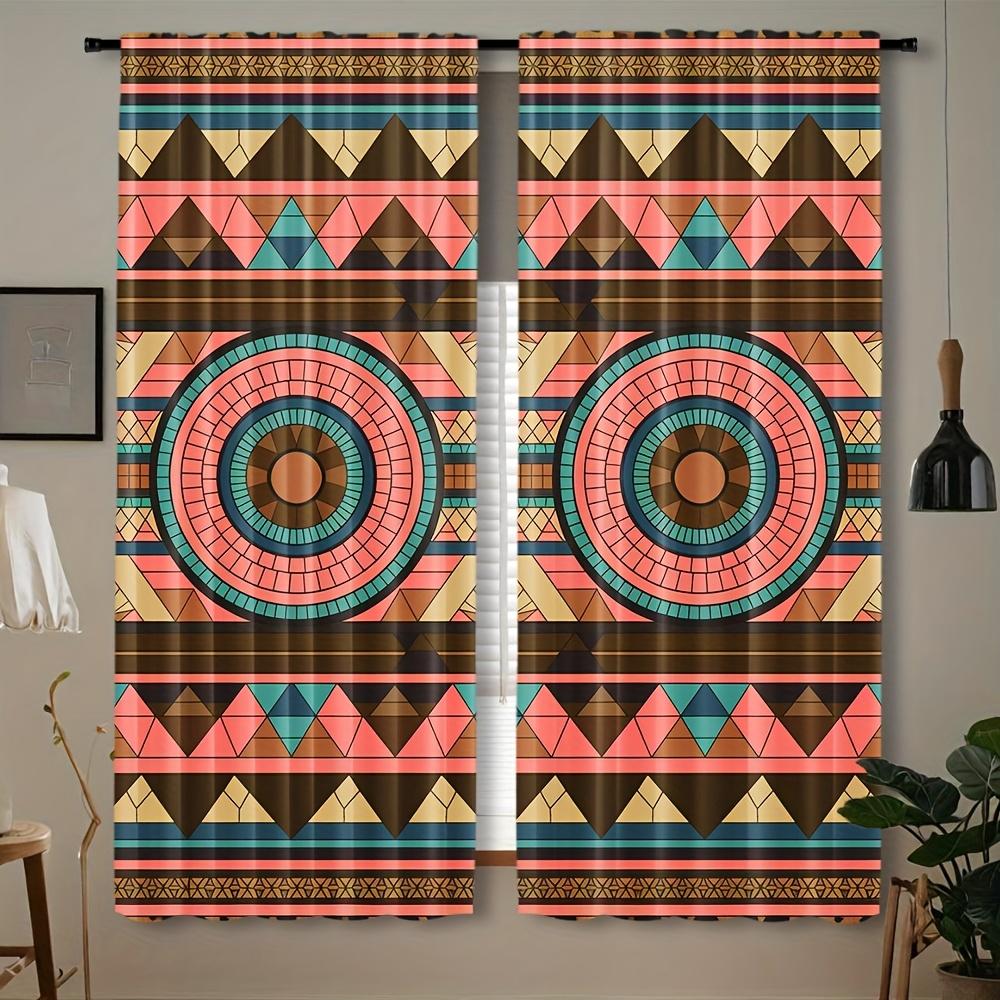 2pcs Modern Window Curtains - Semi-Sheer Privacy Drapes with Tribal Geometric Patterns in Teal Blue, Burnt Orange, Pink - Light 60×150