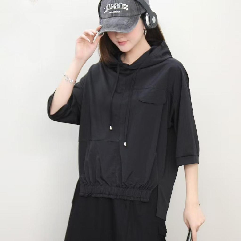 DIMANAF 2025 Mărimi Mari Vară cu Glugă Solidă Pălărie Alb Tricou Femei Mânecă Scurtă Larg Topuri Tricouri