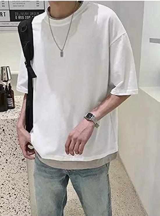 Short Sleeve Solid Layered Loose [Four leaf] Men's T-Shirt, Simple, Color, Stylish, Look, Fit, 3/4 Sleeves, Spring/Summer (XL, White)