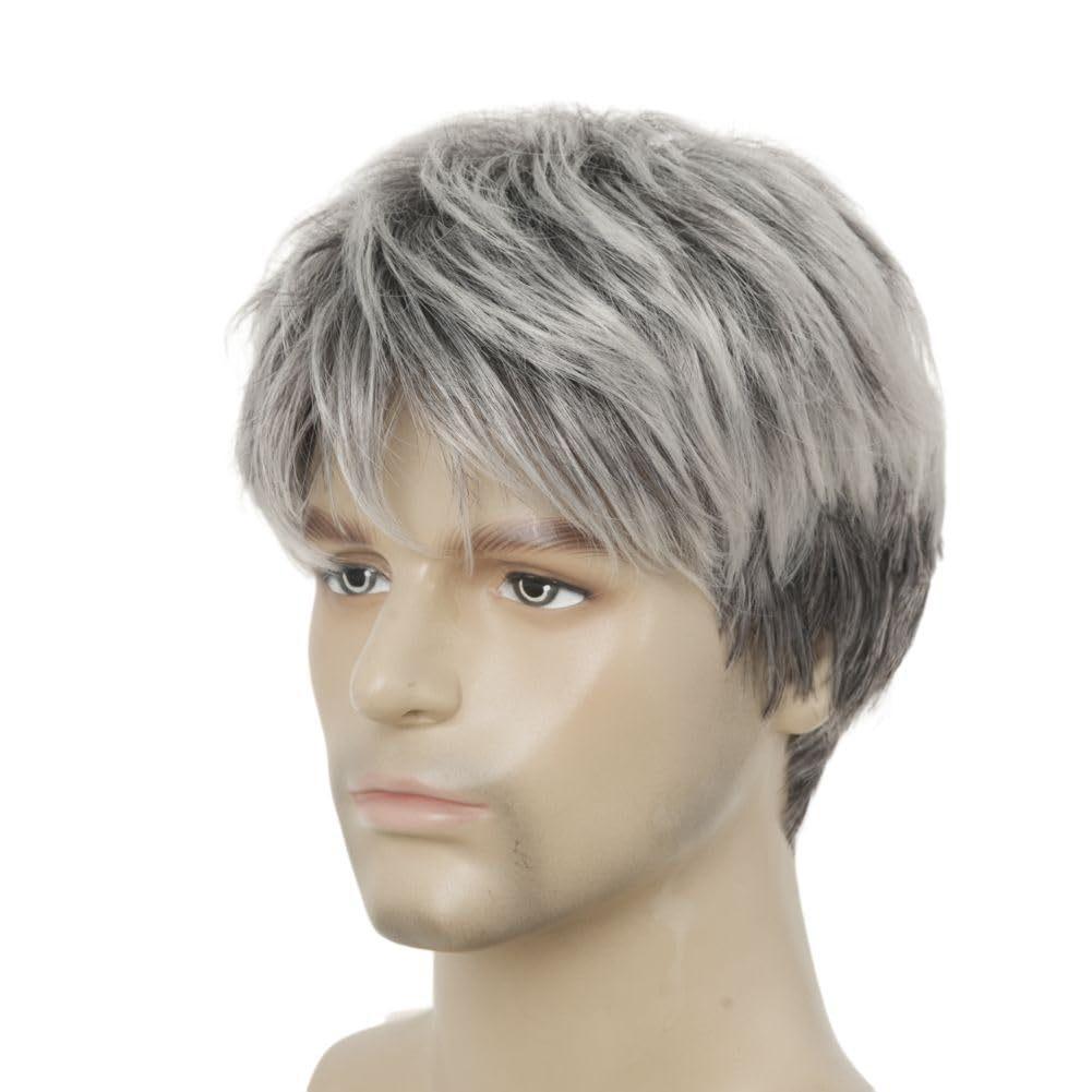 Men's Fashion Short Curly Synthetic Wigs with Bangs Mixed Black Gray Hair Daily Party Cosplay Wig Heat Resistant Fibre