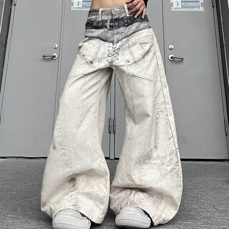 Damen Jeans mit weitem Bein Gerader Schnitt Vintage Waschung Lockere Passform Lässige Streetwear