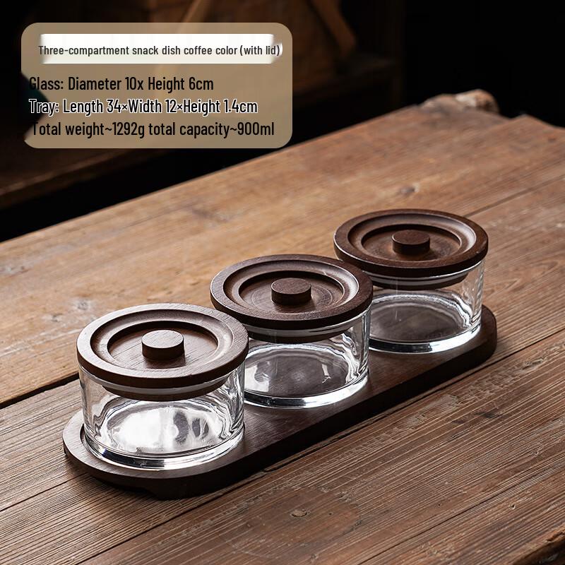 Bamboo Divided Glass Snack Plate with Lid 1 Set