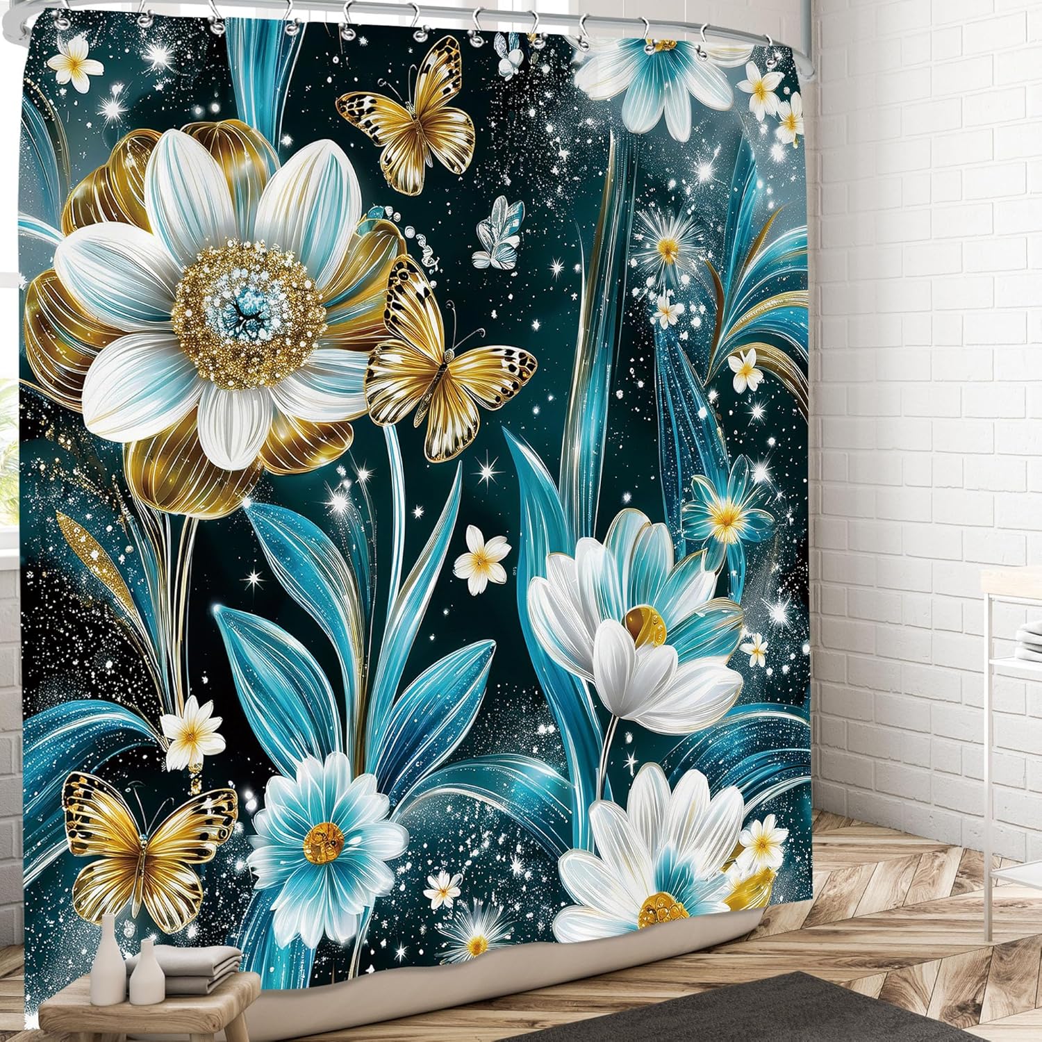 

Blue Teal Gold Floral Shower Curtain, Abstract Boho Aesthetic Butterfly Shower Curtains for Bathroom Turquoise Retro Rustic Vint 90x180cm