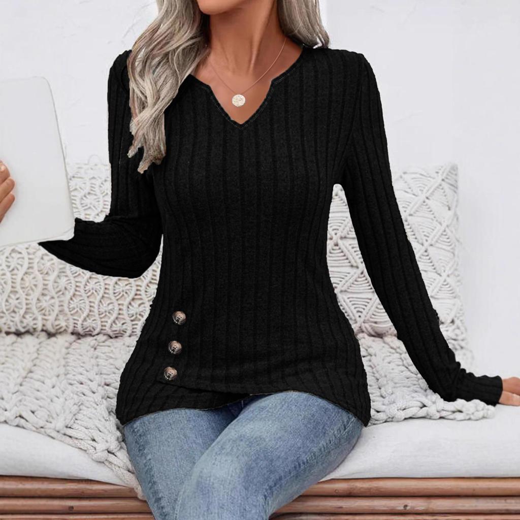 European & American Ribbed V-Neck Long Sleeve Top with Cut-Out Detail & Irregular Hem
