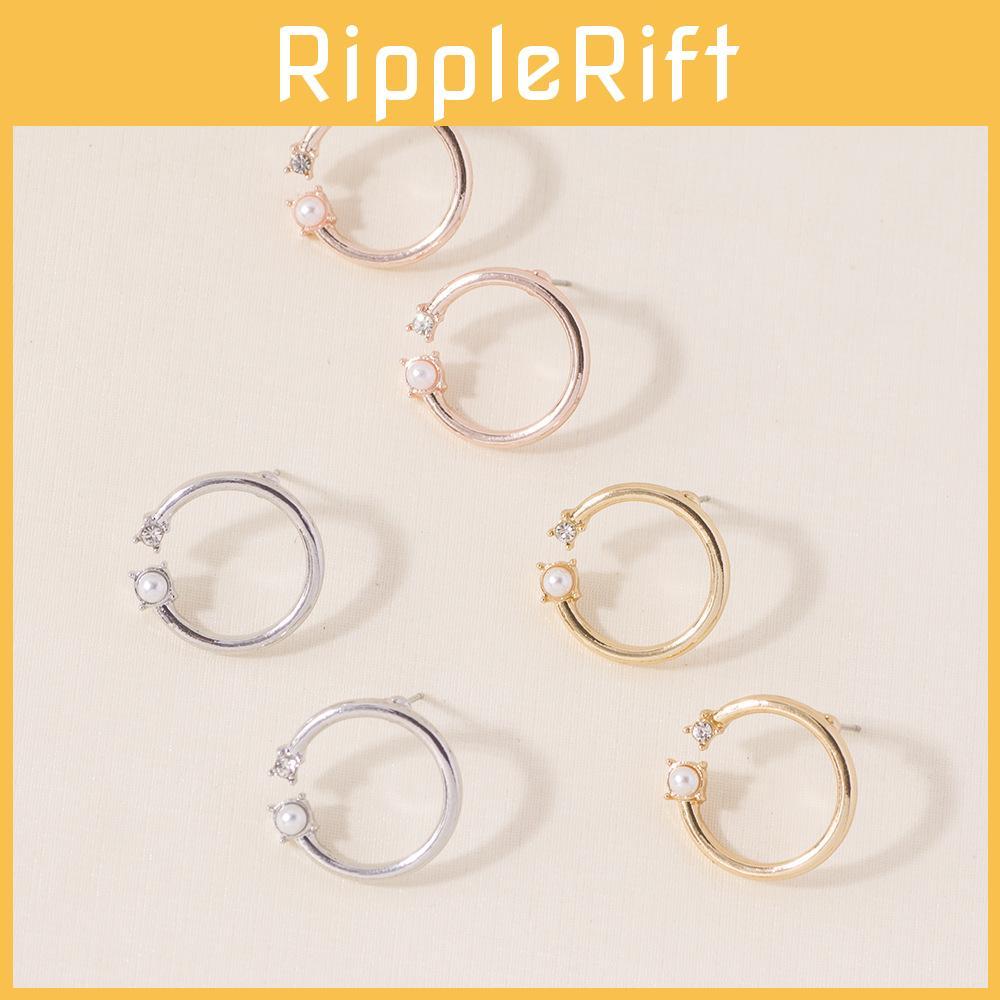 Stylish European Alloy Round Pearl And Diamond Stud Earrings For Women