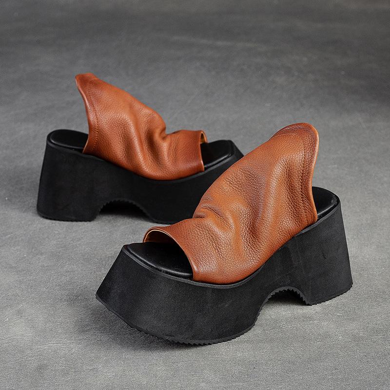 Johnature Women Platform Slippers Genuine Leather Thick Sole Wedges Slides Retro Fashion Peep Toe Shoes