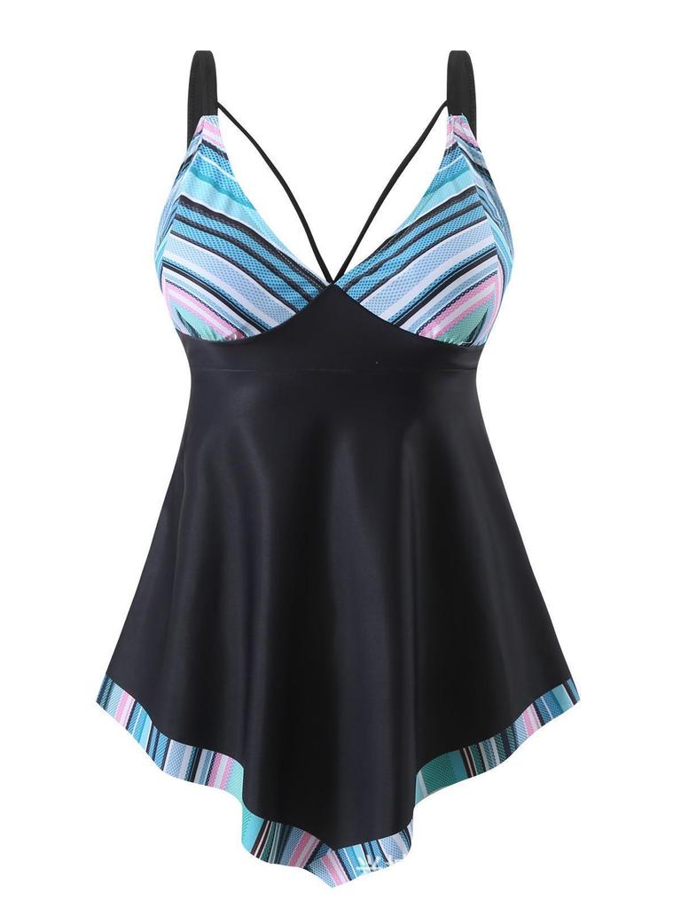 Plus Size 2025 Digital Print Women's Two-Piece Swimsuit - Blue