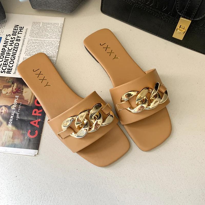 Neue Mode Damen Hausschuhe Eckige Zehenkette Hausschuhe Flache Pantoletten Strandsandalen Zehentrenner Metalldekoration Freizeitschuhe