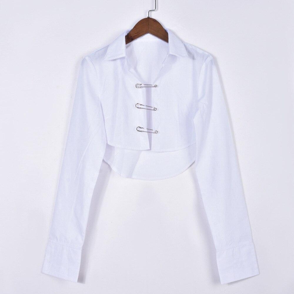 

Летняя женская сексуальная блузка с длинными рукавами и модными булавками, персонализированная рубашка, белый, черный, однотонный, короткие топы, одежда 26518 L белый