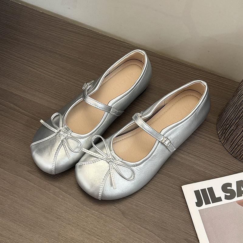 

Французские балетки на плоской подошве женские 2025 новый темперамент бант фея стиль ремешок Мэри Джейн туфли 40 серебряный